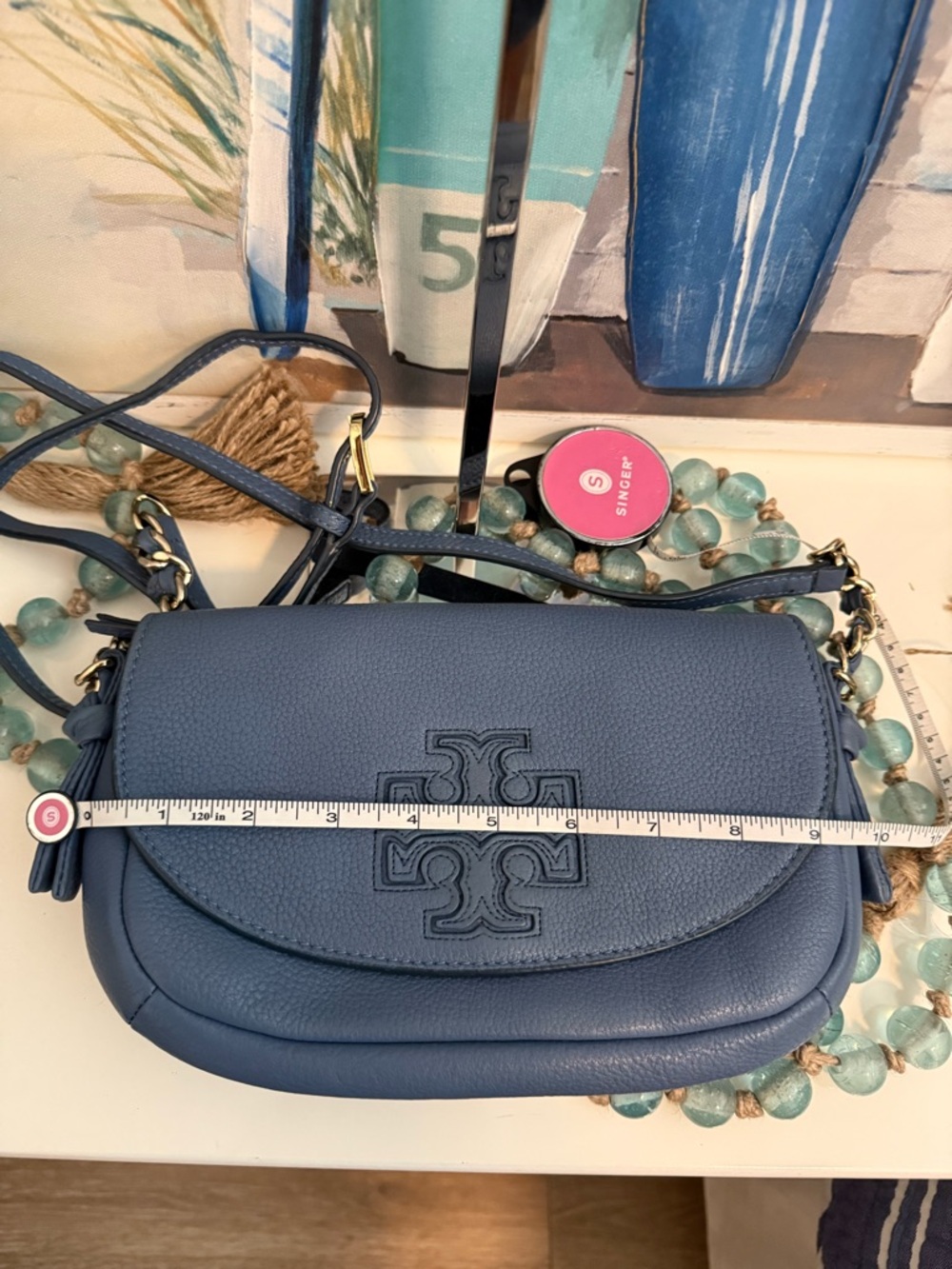 Tory Burch periwinkle blue Leather Logo Crossbody with silver Chain - Picture 6 of 7